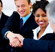 Freelance writer networking in-person with potential business clients.